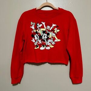 Disney Mickey and Friends Cropped Red Sweatshirt Women's Size Medium Raw Hem